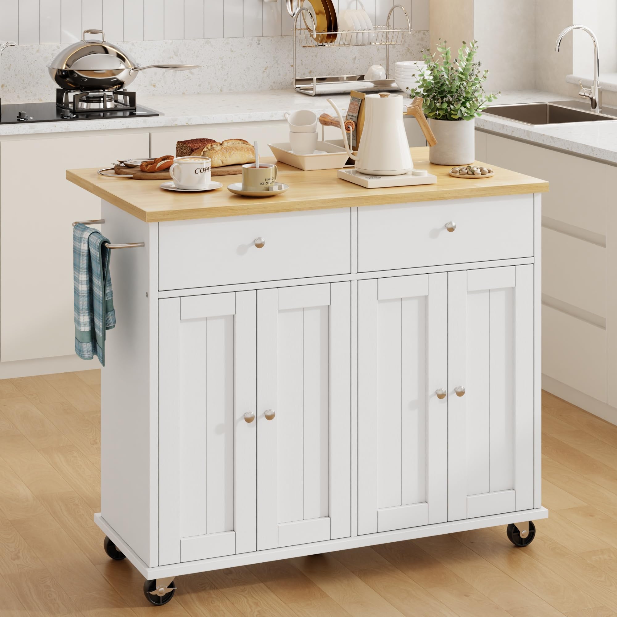 SUNLEI Kitchen Island with Storage, Rolling Kitchen Island Cart with Wheels & Drop Leaf & Towel Rack & 2 Drawers, Portable Island Table for Kitchen, White