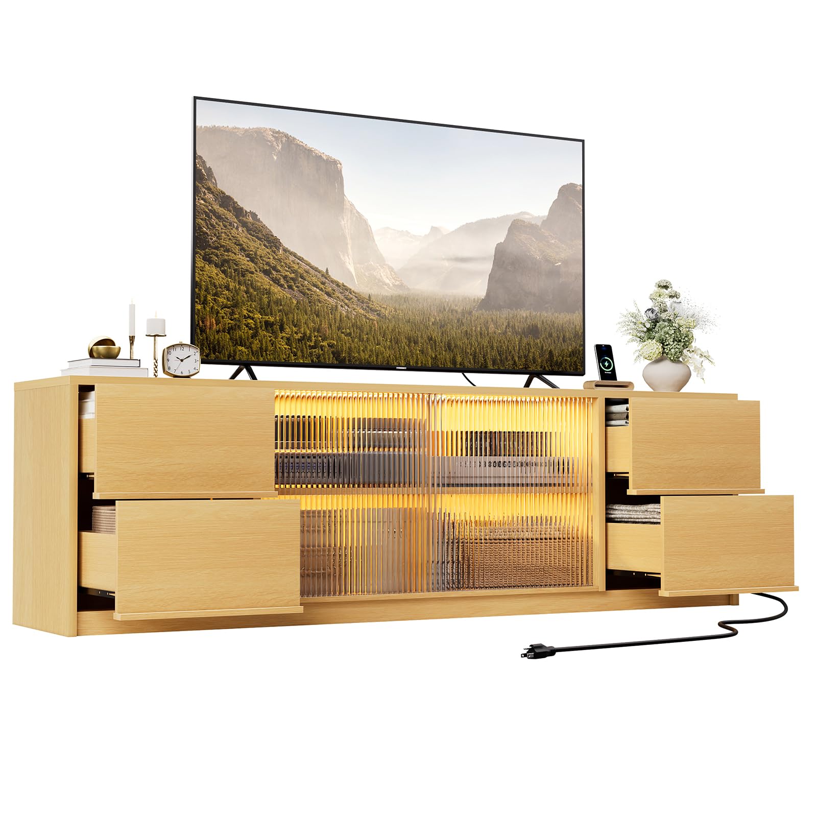 REAHOME 67" Wooden TV Stand for TVs up to 70 Inch, Entertainment Center with Charging Station and LED Light, Media Console Table with Storage Drawer & Sliding Door for Living Room, Natural Oak