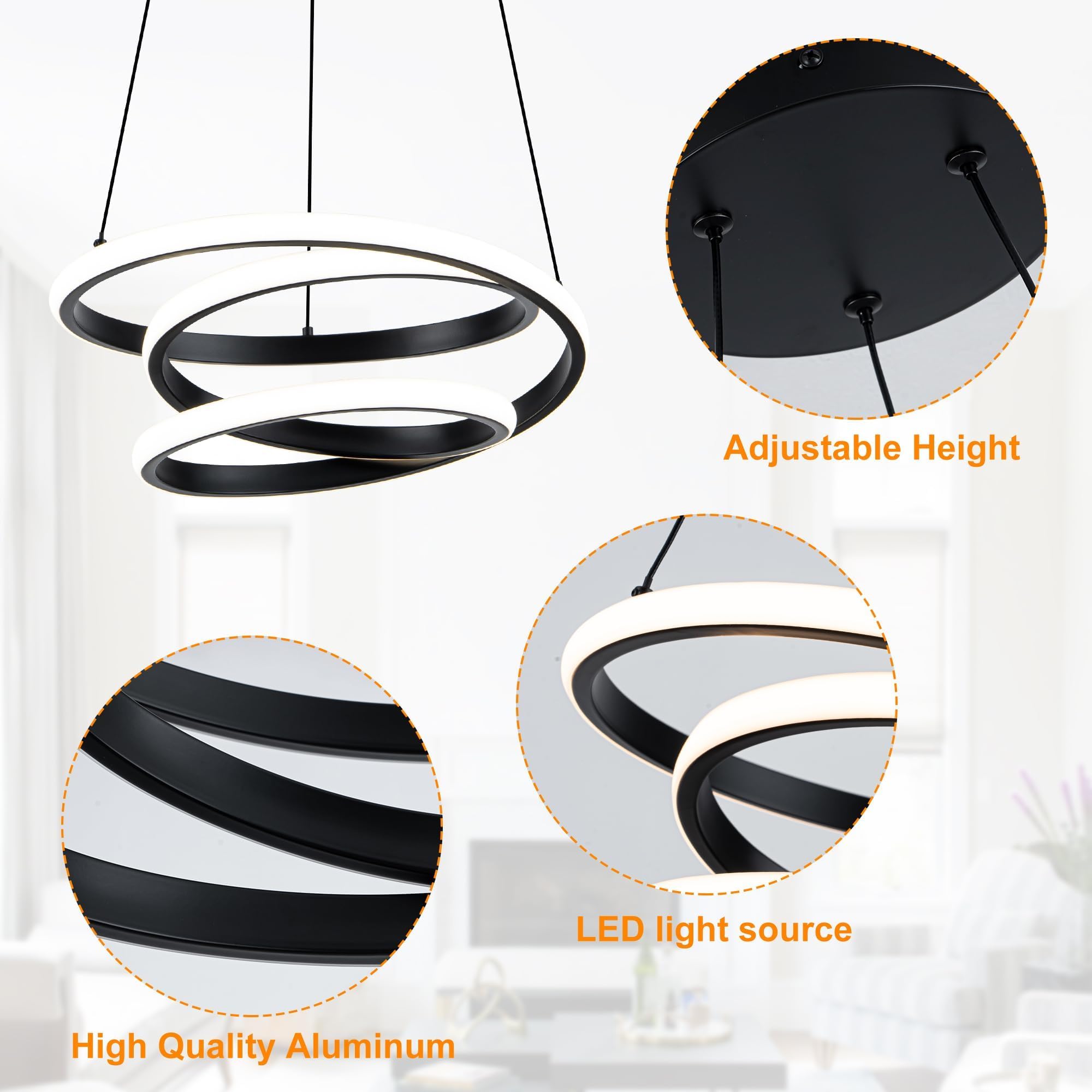 Mayful 13.78 inches Black Modern Chandelier with Remote Control, 3 Rings 3-Color Dimmable Led Chandeliers, Height Adjustable Living Room Chandelier for Dining Room, Entrance, Foyer