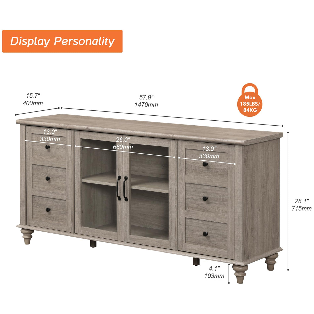 WAMPAT Farmhouse Sideboard Buffet Cabinet with Glass Door & Adjustable Shelf, Wooden Coffee Bar Table with Solid Wood Leg, Kitchen Storage Cabinet for Dining Room, Grey, 58 Inch