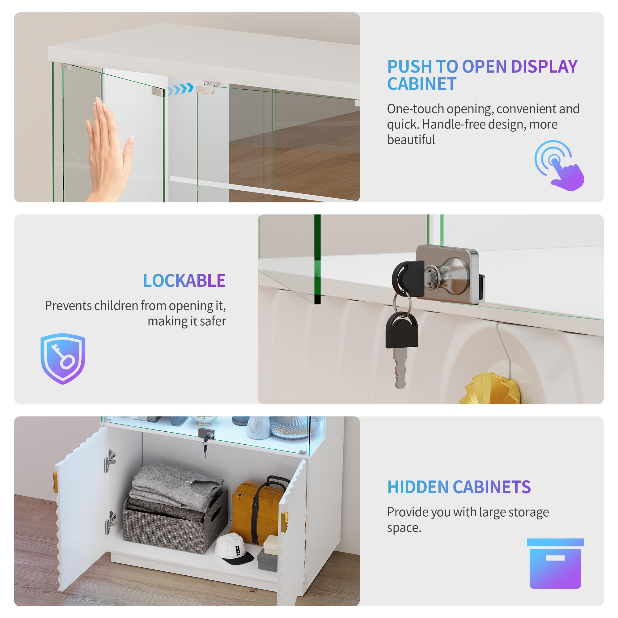 4-Tier Glass Display Cabinet with RGB LED Lights, Motion Sensor & Lockable Pop-Up Door – 70.9"