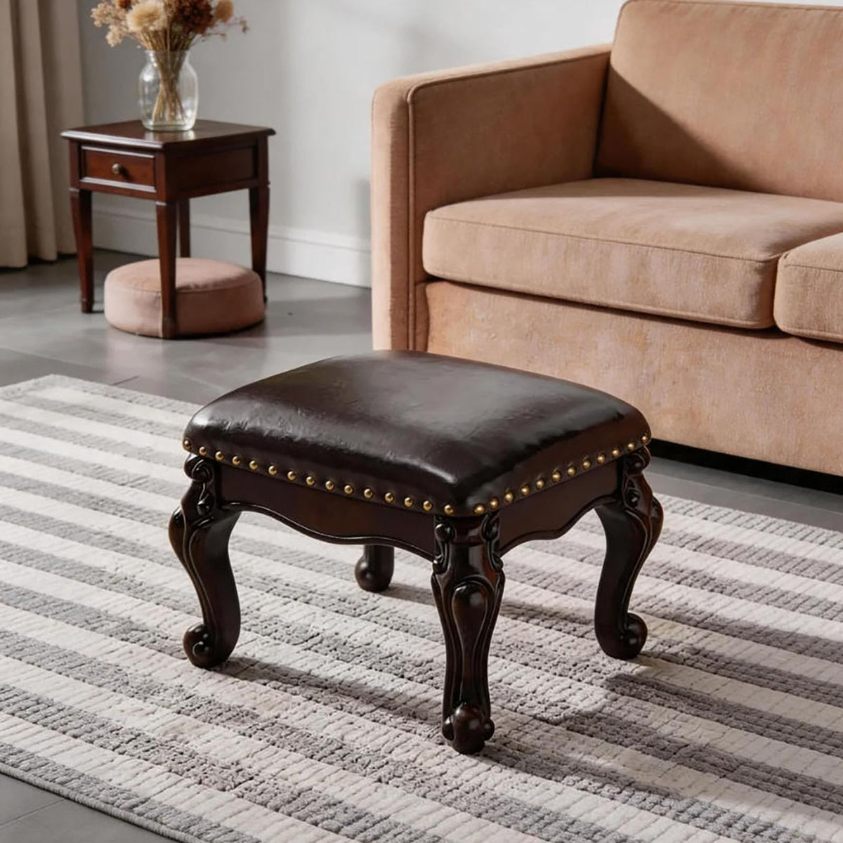 Leather Foot Stool Small,Vintage Ottoman Leather Foot Rest, Wooden Footrest, Upholstered Footstool for Couch, Living Room, Sofa,Solid Wood Legs,Retro Stool for Bedroom (Walnut, 15.7×12.9×12.6)