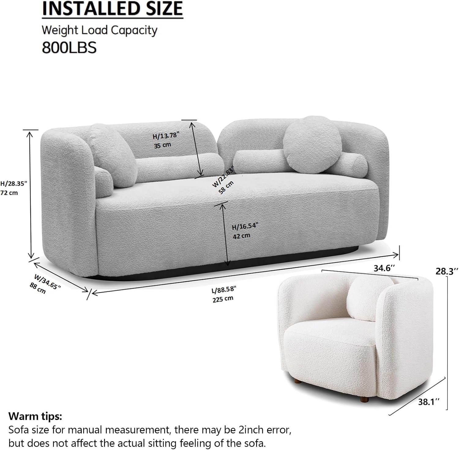 SSC SATISUNCASA White Sofa Couches Set of 3 Living Room Modern Integral Sofas Furniture 3 Seater Curved Back Sofa + 2 Single Chair Boucle Fabric Solid Wood Frame with 6 Pillows Rectangular Couch