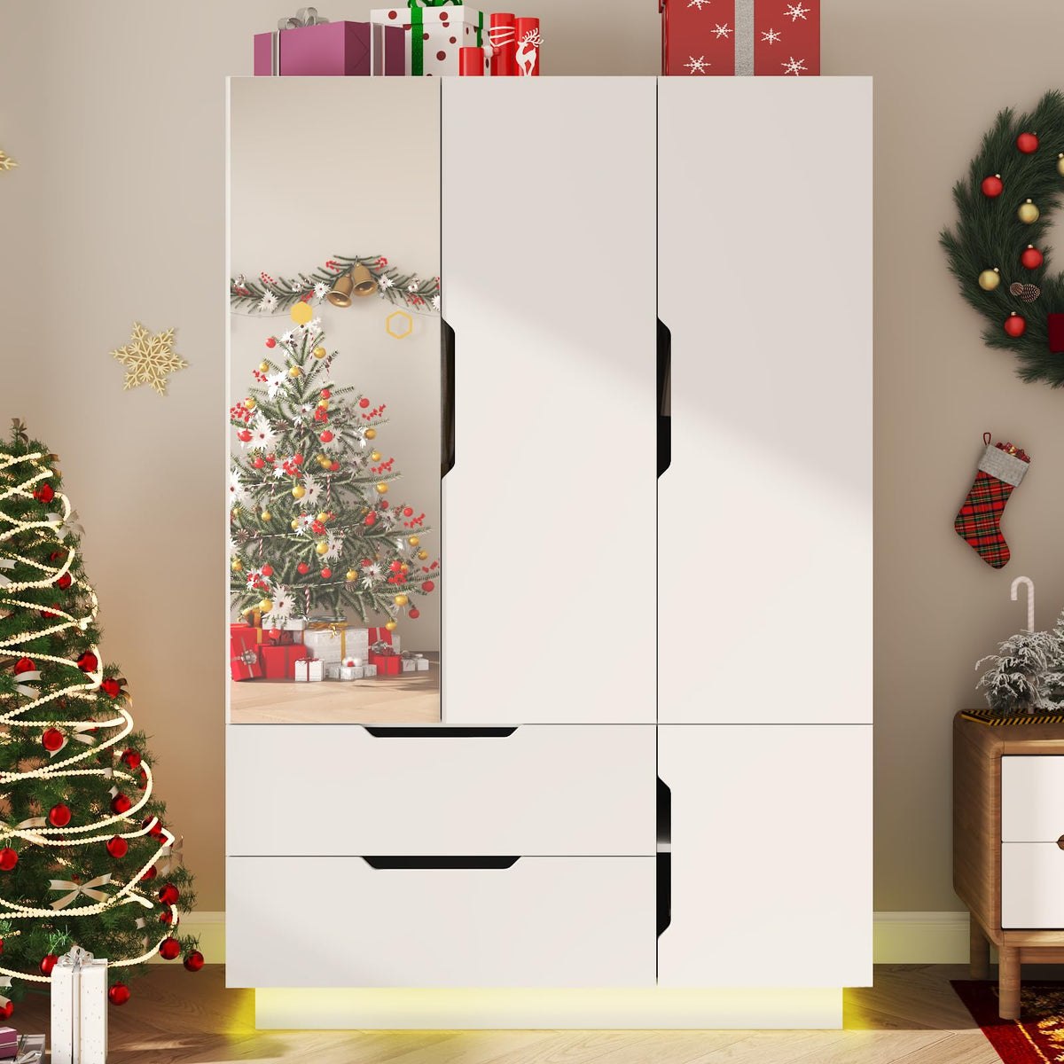 White Mirrored Wardrobe with LED Lights