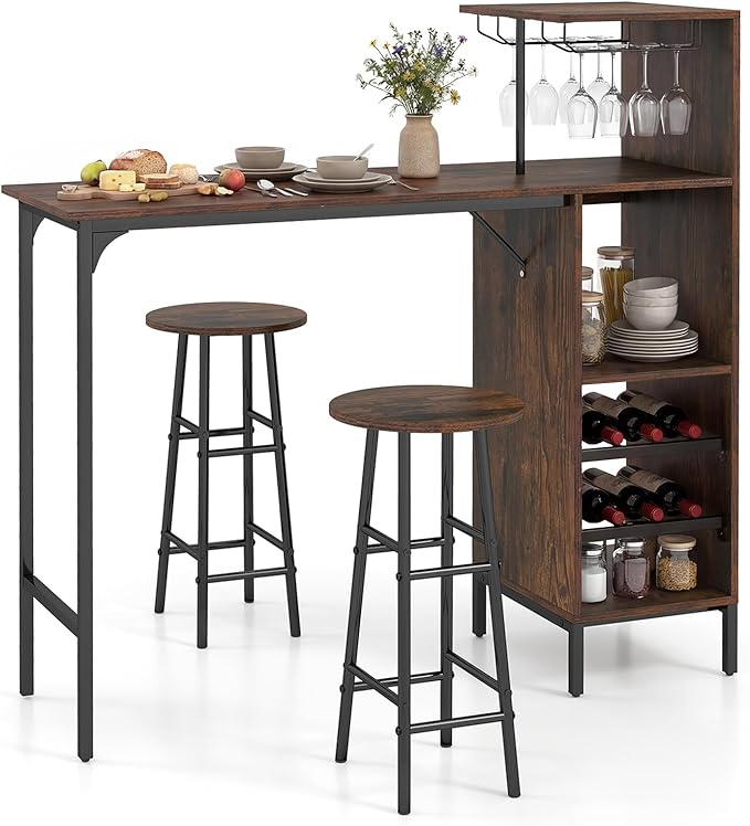 3-Piece Bar Table & Stool Set with Wine Rack