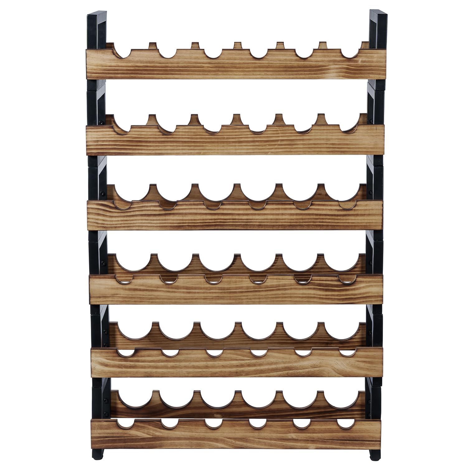 MyGift 6-Tier Wine Rack for 36 Bottles – Freestanding Industrial Wine Bottle Holder with Burnt Wood Shelves & Black Metal Frame – Large Horizontal Storage Stand for Home Bar, Kitchen, Cellar