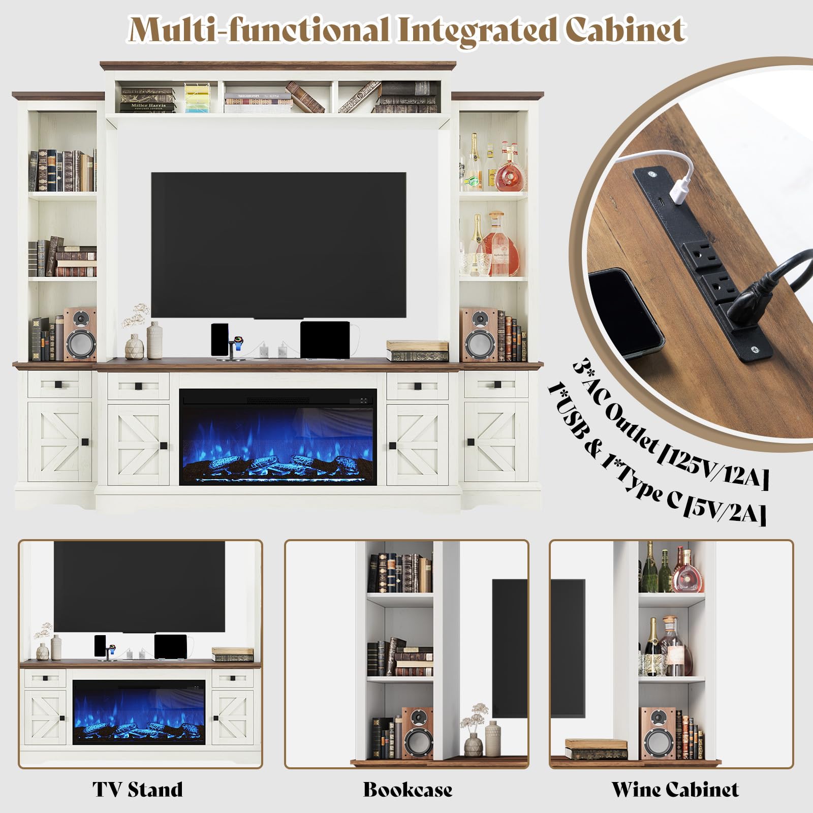 98" Farmhouse Entertainment Center with Electric Fireplace