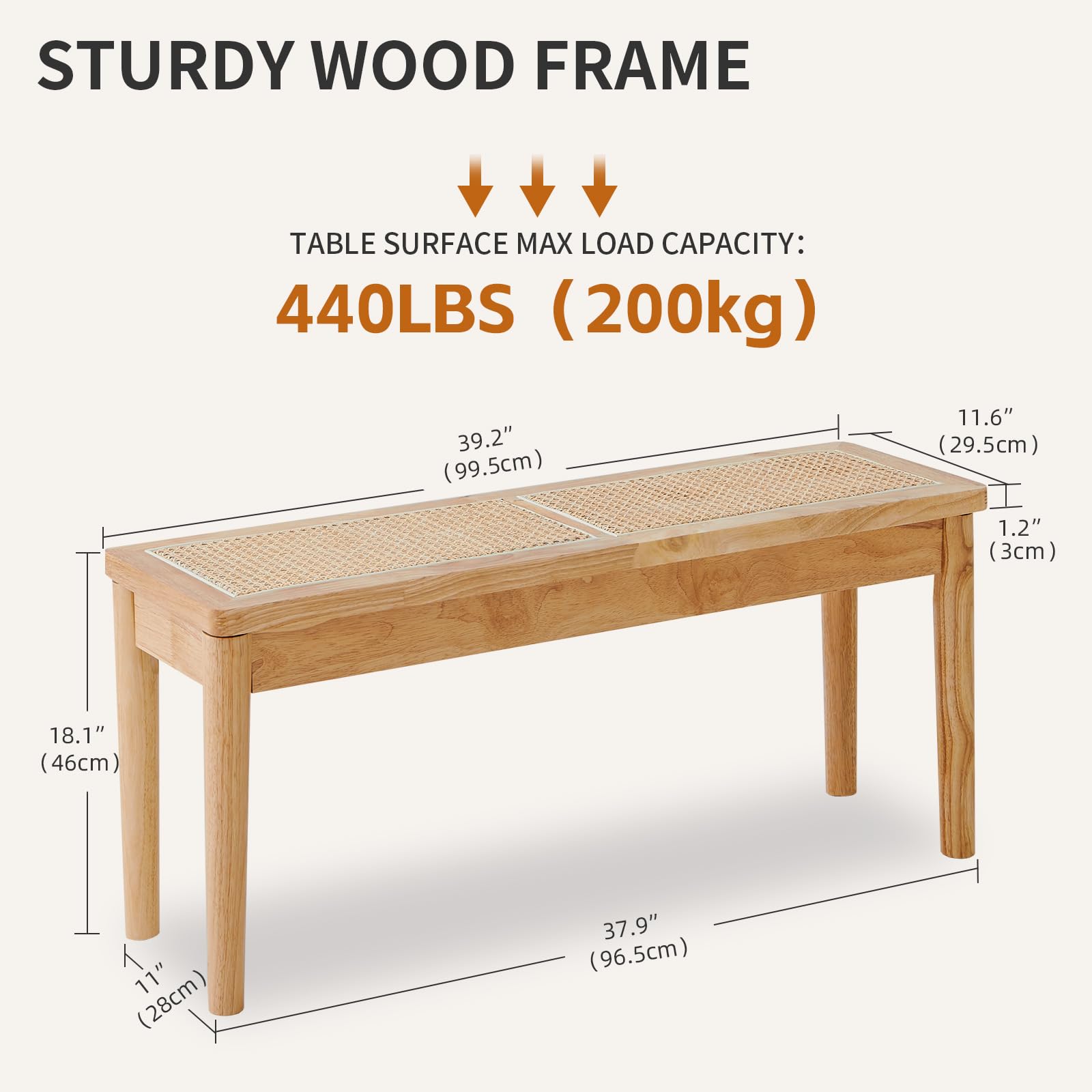 Jimenuco 40" Wooden Dining Bench with Hand Woven Rattan Seat,Solid Wood Bench for Entryway,Living Room,Kitchen and Bedroom（Nature Wood，18" H