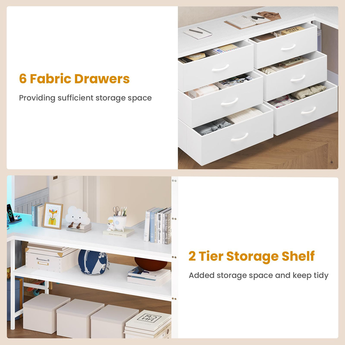 ADORNEVE Loft Bed Full Size with U-Shaped Desk, 6 Storage Drawers,White