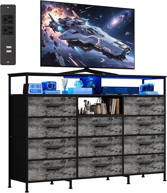 Dresser TV Stand with LED Lights, Charging Station & 11 Fabric Drawers