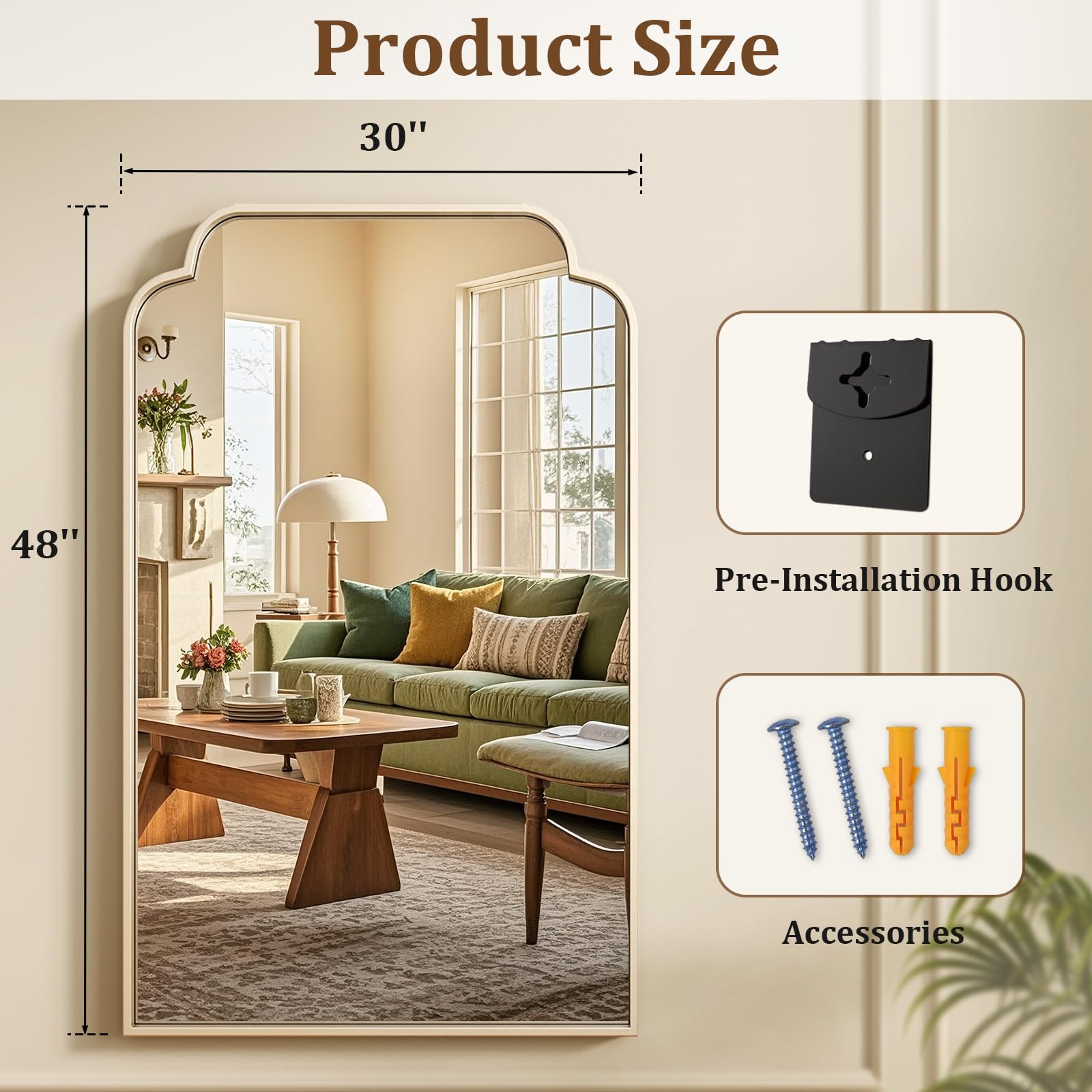 XRAMFY 30" x 48" Silver Arch Bathroom Mirror, Wall Mounted Vanity Mirror with Metal Frame, Modern Decorative Scalloped Wall Mirror for Sink, Bedroom, Living Room, Entry, Farmhouse Home