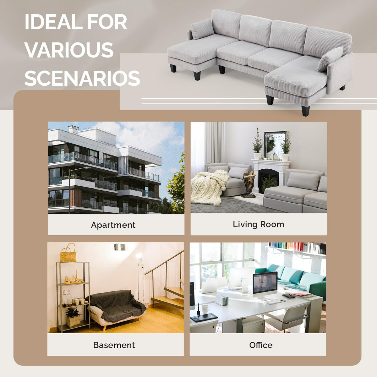 U-Shaped Corduroy Sectional Sofa