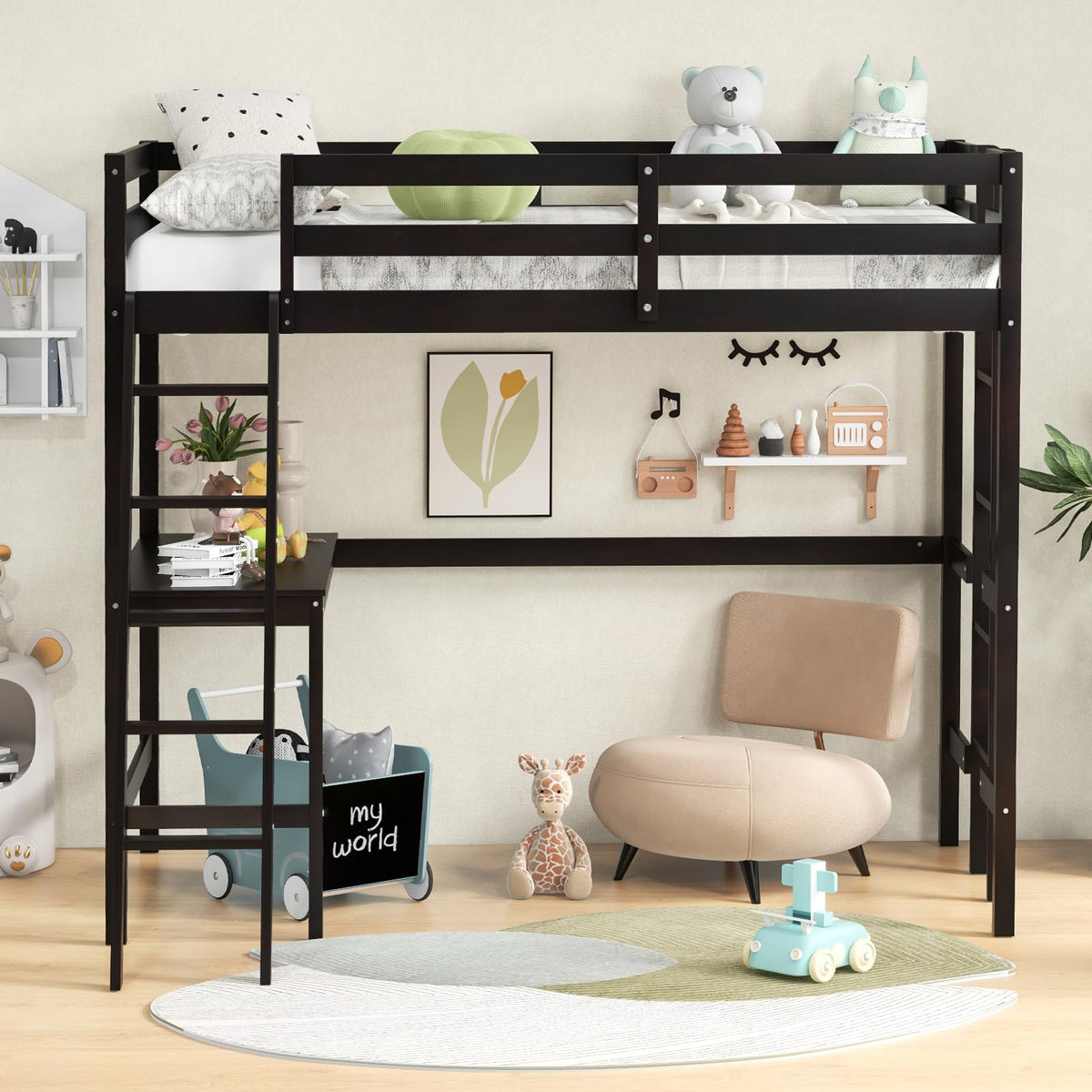GIANTEX Twin Size Loft Bed with Desk, Solid Wood Loft Bed with 2 Ladders & Full Length Guardrail, Modern Space-Saving Twin Bed Frame for Kids Teens Adults, No Box Spring Needed, Espresso