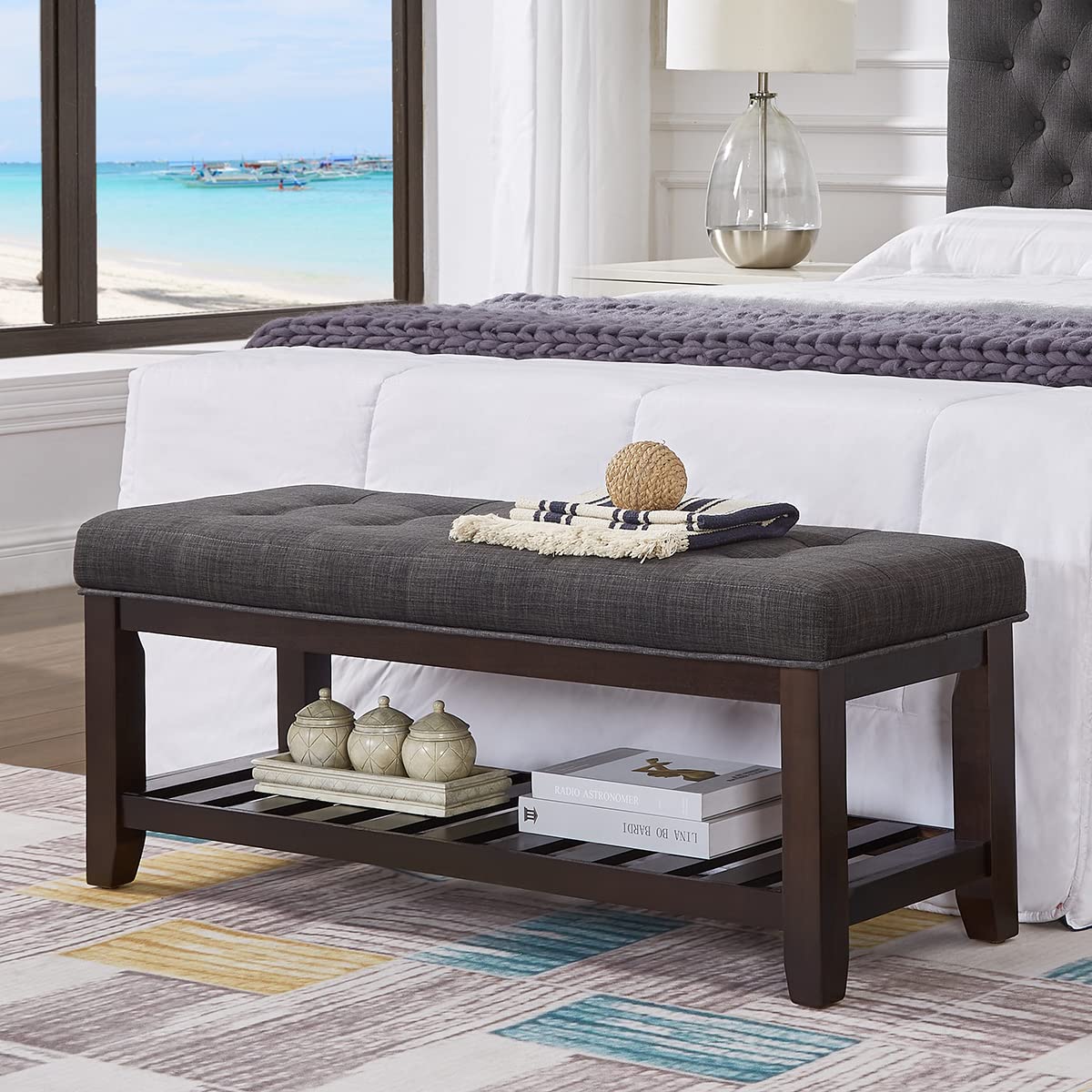 Tufted Linen Bench with Shelf