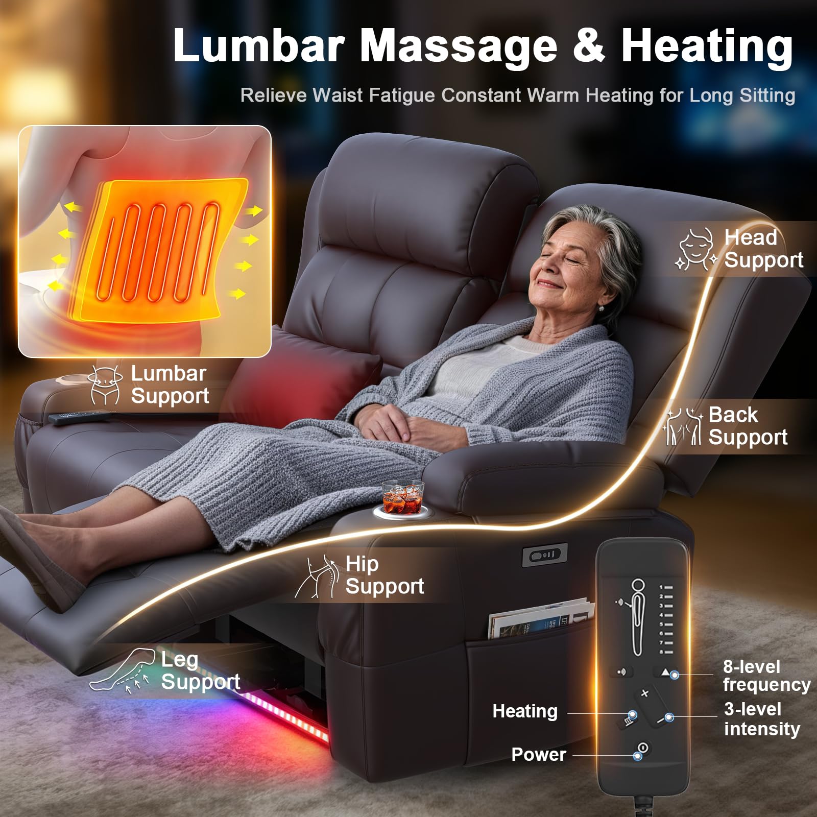 Aotolo Power Reclining Loveseat with Massage & Heat,Wall Hugger Home Theater Seating with LED Lights,USB & Type-C Ports, Ideal for RV, Home Theater and Living Room,Brown,2 Seats