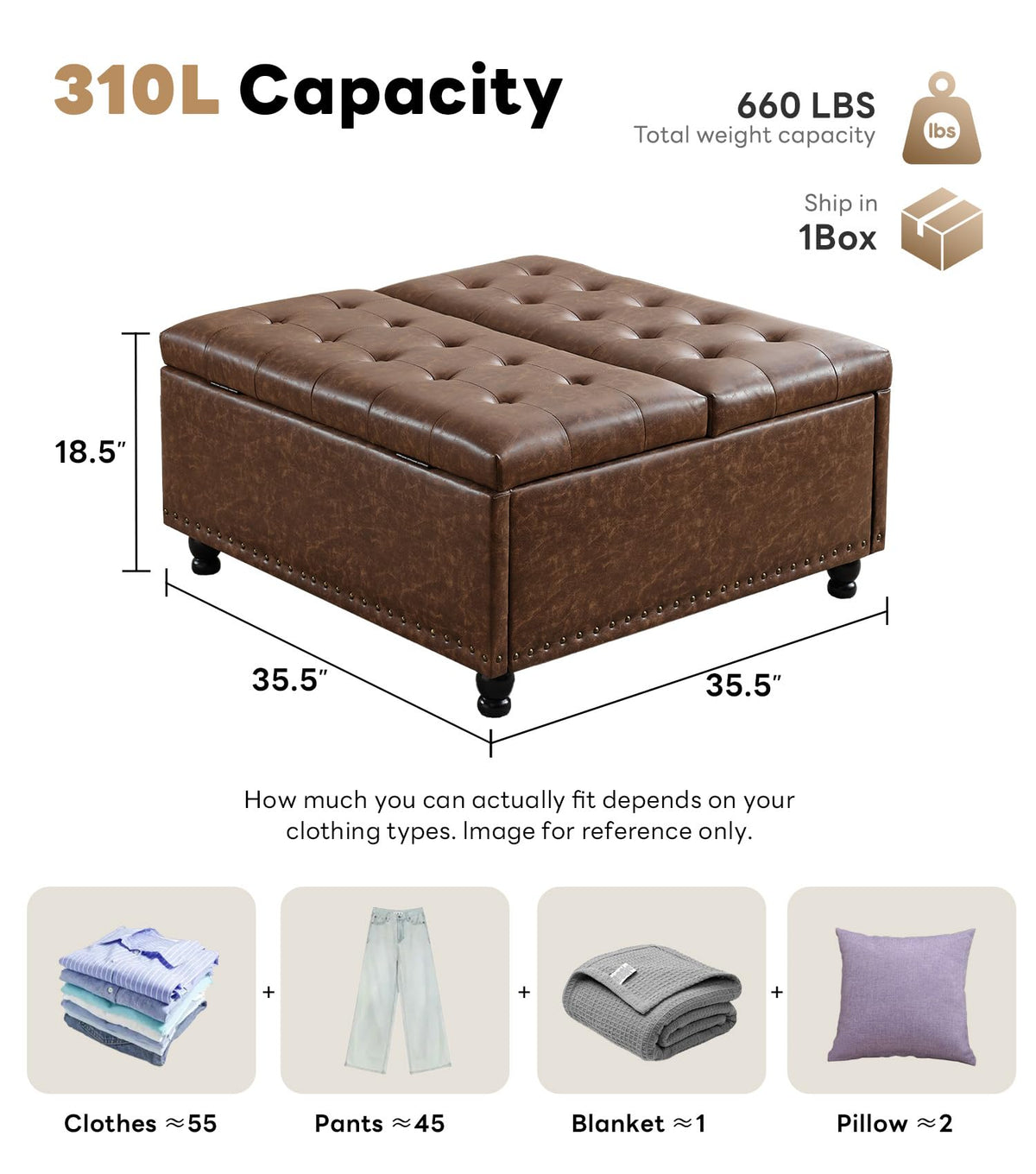 Tbfit 35.5" Large Square Lift Top Storage Ottoman Coffee Table, Brown