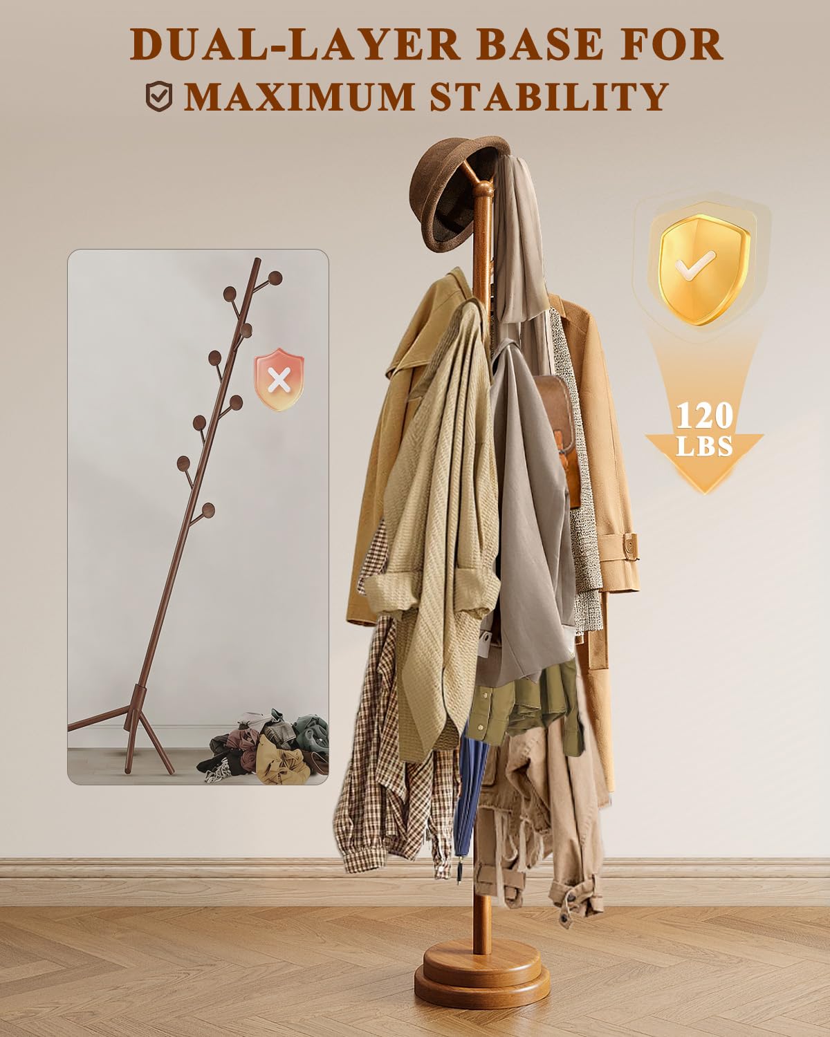 Freestanding Coat Rack with 8 Hooks, Adjustable Height