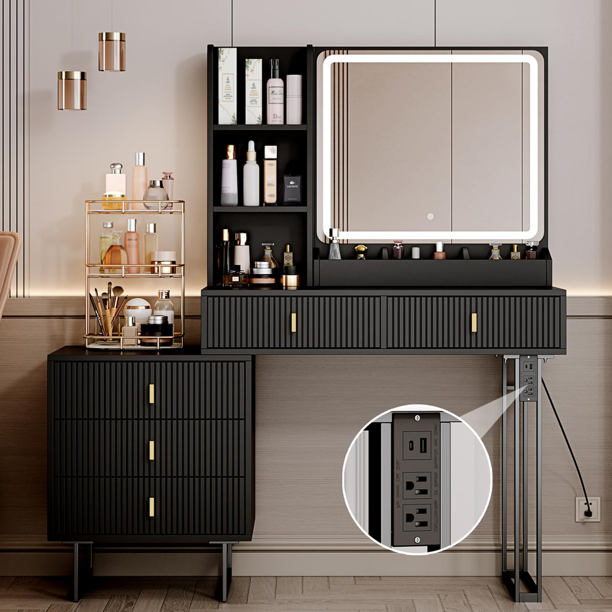 Large Vanity Desk with 3 Color Touch Screen Dimming Mirror, Vanity Desk with Charging Station, Modern Retractable Makeup Dressing Table, Makeup Table With storage shelves and 5 Sliding Drawers, Black