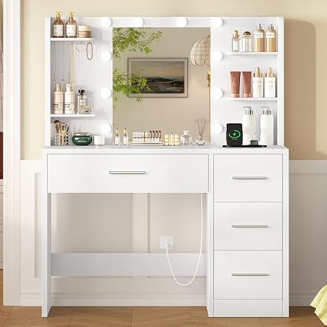 Vanity Desk with Mirror, Lights & Power Outlet