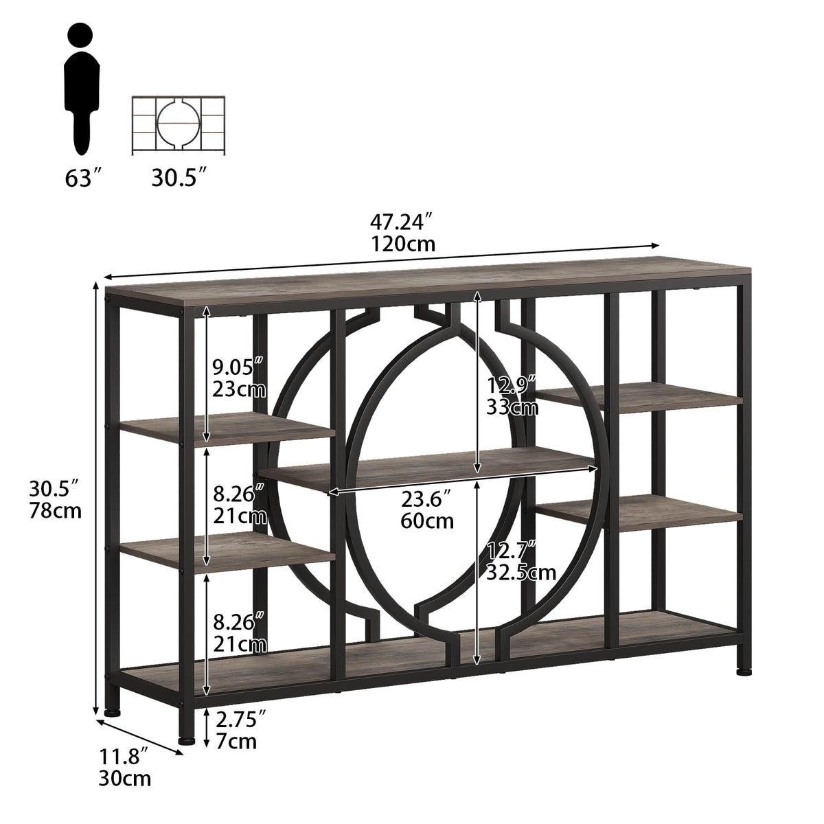 GiftGo 47" Industrial Console Tables for Entryway Rustic Sofa Table Behind Couch 4 Tier Wooden Shelves Entry Table with Storage for Foyer, Hallway, Front Door,Living Room (Retro Grey, 47")