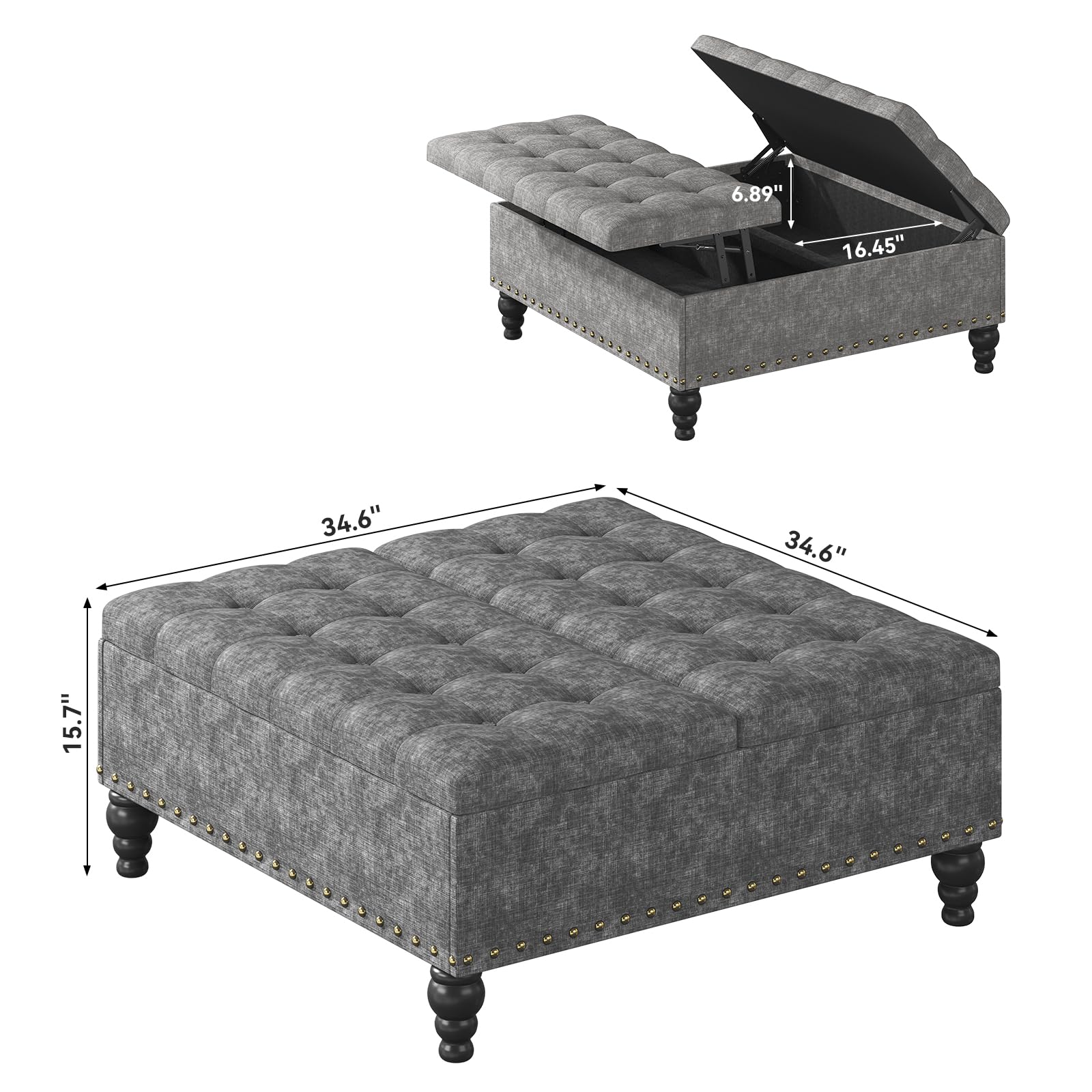 iabifo Large Square Leather Storage Ottoman Bench, Button Tufted Upholstered Coffee Table Ottoman with Solid Wooden Legs (Dark Gray)