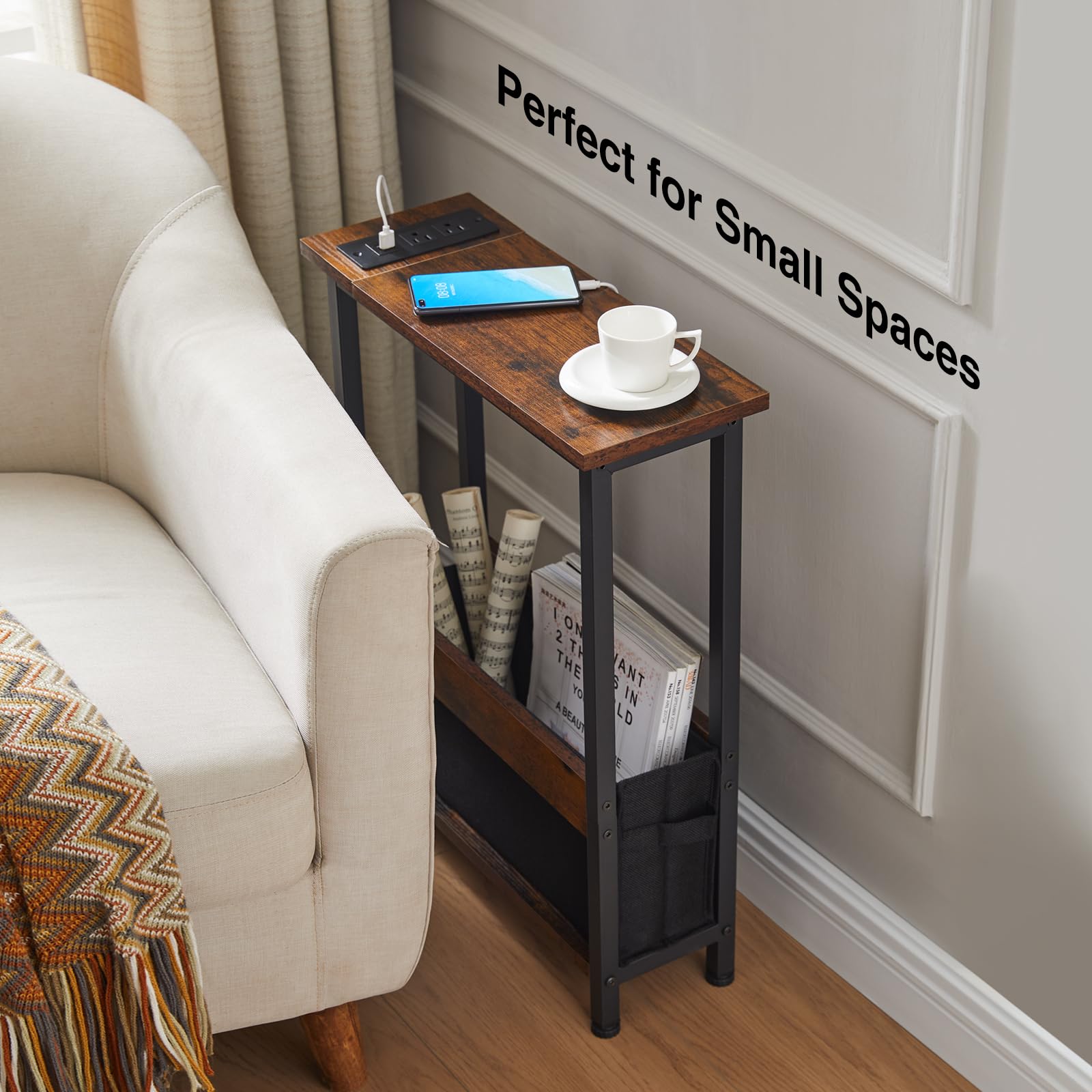 Slim Side Table with Storage, Drawer & USB Charging Ports
