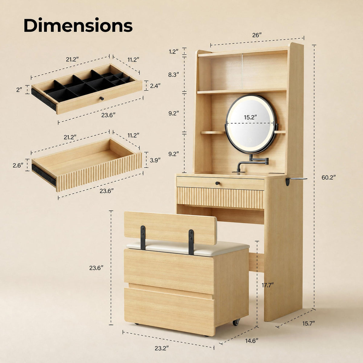 LED Makeup Vanity with Storage Stool