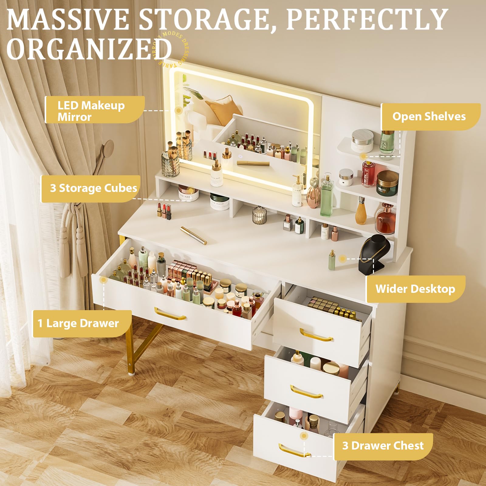 Vanity Desk with Mirror and Lights