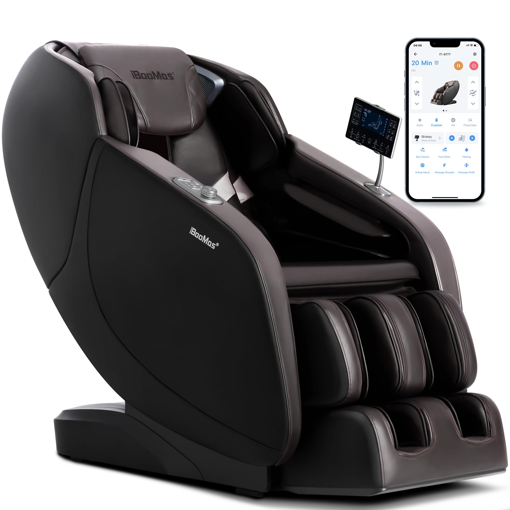 iBooMas 2026 Massage Chair Full Body, 5 Heating Zones for Daily Pain Relief, Zero Gravity 54'' SL-Track, Body Scan, 18 Auto & Manual Modes, Foot Roller, Thai Stretch, Airbags (Black & Brown)