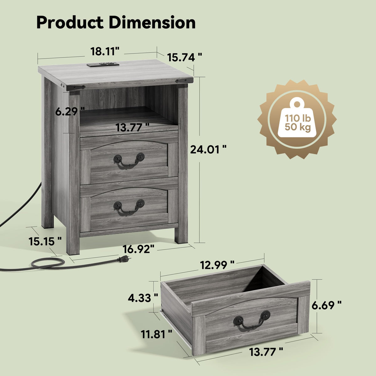 Decofy Farmhouse Nightstand Set of 2 with Charging Station, 2 Drawers, 18" Wide Rustic Bedside Table with Open Shelf, Wood End Table, Night Stand Set of 2 for Bedroom, Grey Oak
