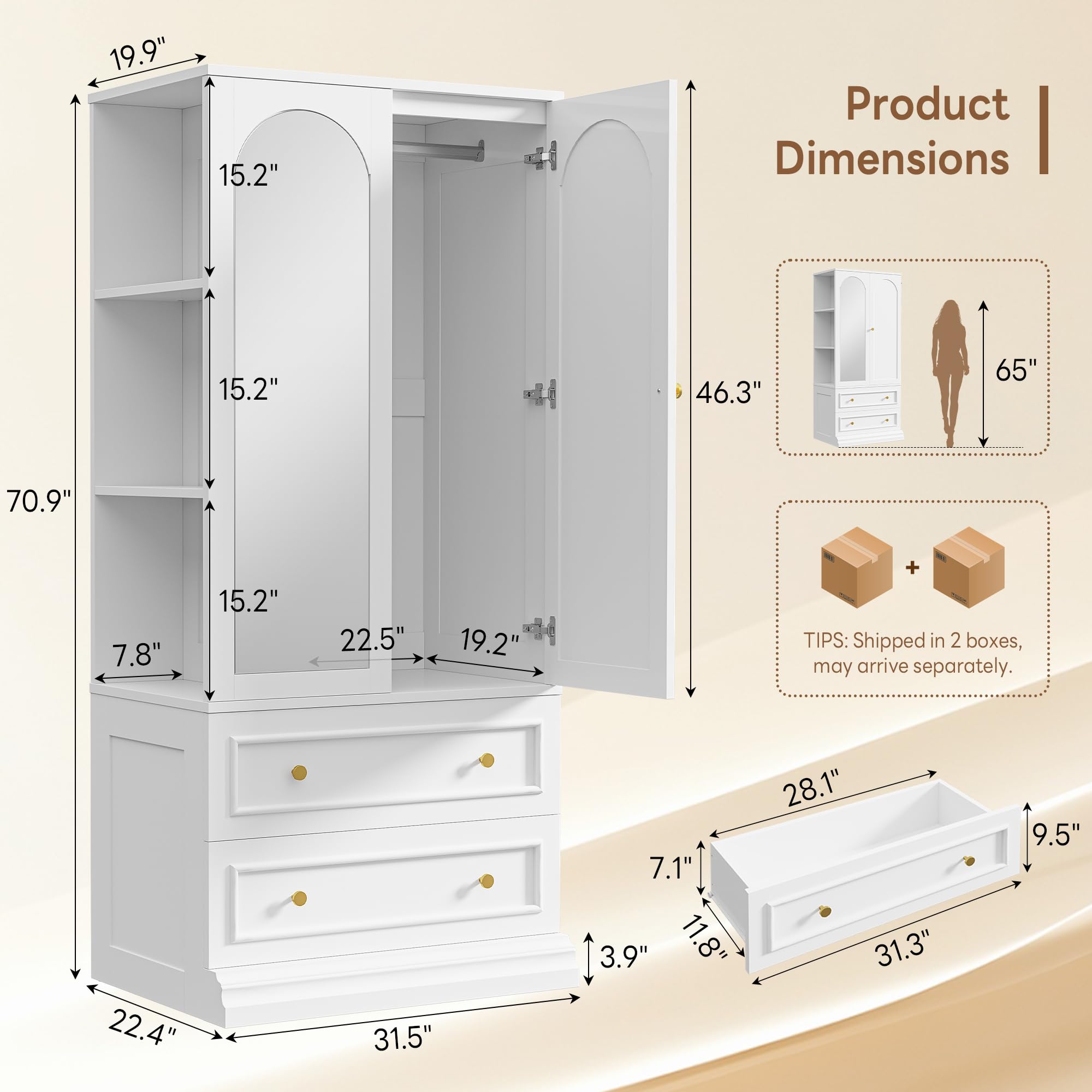 LIKIMIO Armoire Wardrobe Closet with Full Length Mirror, 3 Open Shelves, 71" Freestanding Bedroom Armoire with 2 Drawers, 3 Side Hooks & Hanging Rod, Clothing Storage Cabinet for Bedroom, White