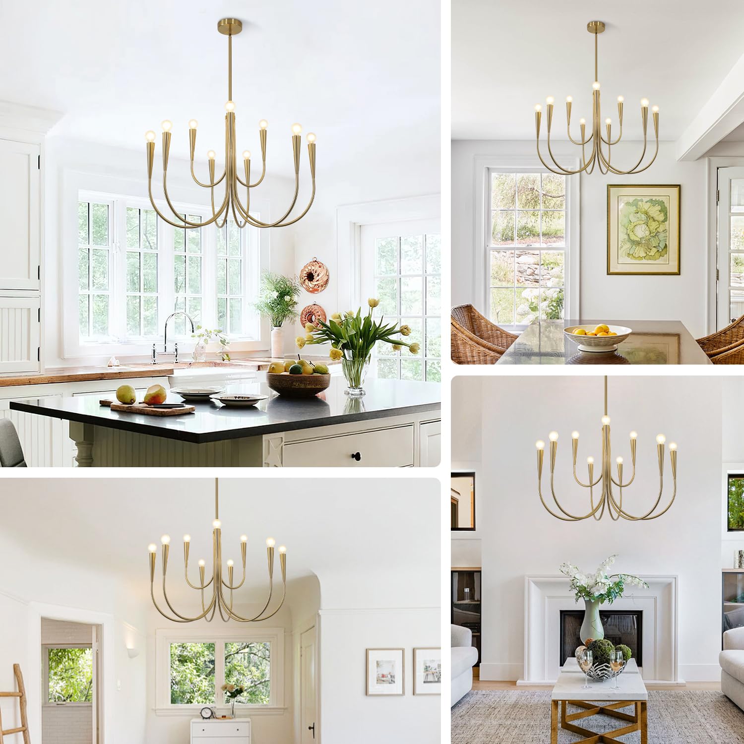 Magiroz 9 Light Modern Farmhouse Gold Candle Chandelier Light Fixtures Large Vintage Brass Metal Candle Pendant Lighting Rustic Industrial Candlestick Chandelier Hanging Dining Room Light MPL26-9 GD