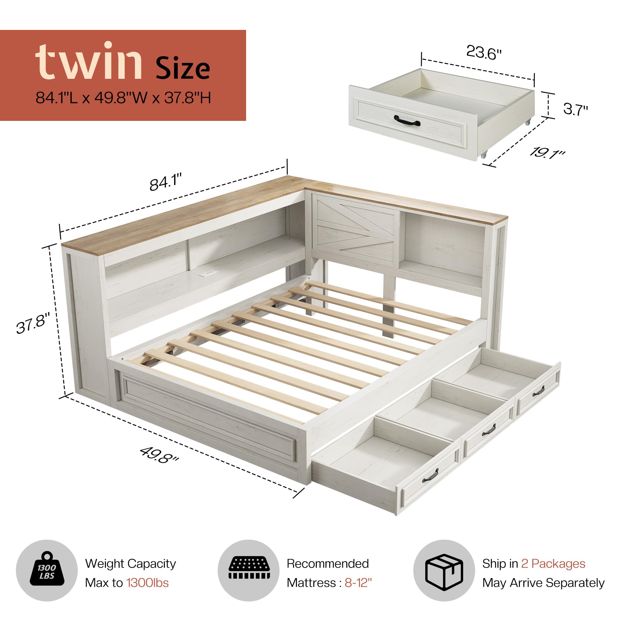 Twin Storage Bed with Bookcase Headboard & LED Lights
