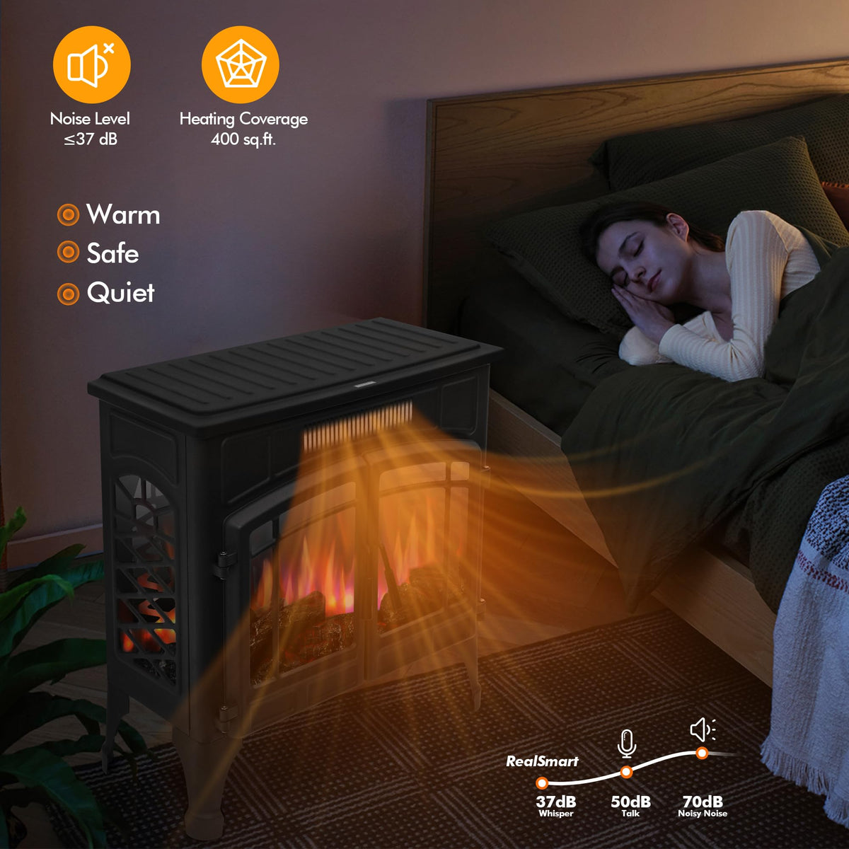 RealSmart Electric Fireplace Heater, 25“ Freestanding Stove Heater with 3D Realistic Flame Effect, Fireplace Stove Overheat Safety Protection for Indoor Use Bedroom,750W 1500W Retro Black