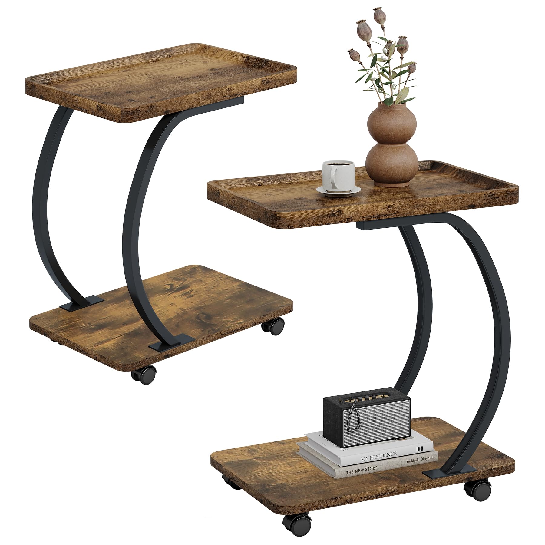 C-Shaped End Table Set of 2 with Wheels