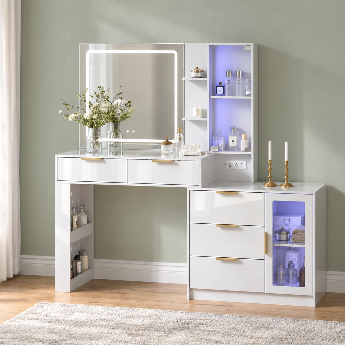 57“Makeup Vanity Desk with Mirror and Lights, Vanity Desk with 5 Drawers & RGB Cabinet Lighting, Vanity Table with Power Outlet, 3 Color Modes & Adjustable Brightness Dressing Table, Bedroom,White