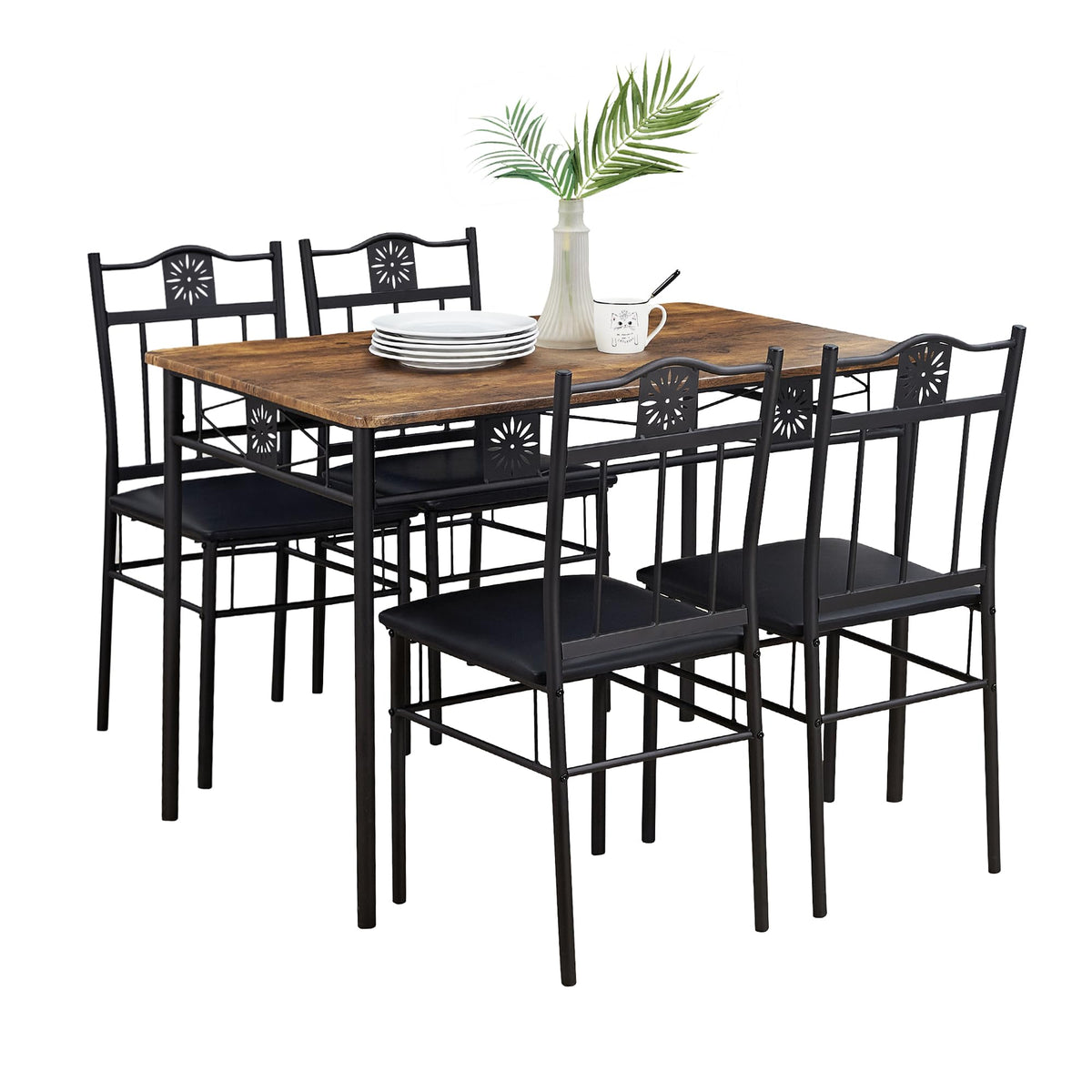 VECELO Kitchen Dining Room Table Sets for 4, 5 Piece Wood Rectangular Breakfast Nook, Dinette with PU Padded Chairs, Brown