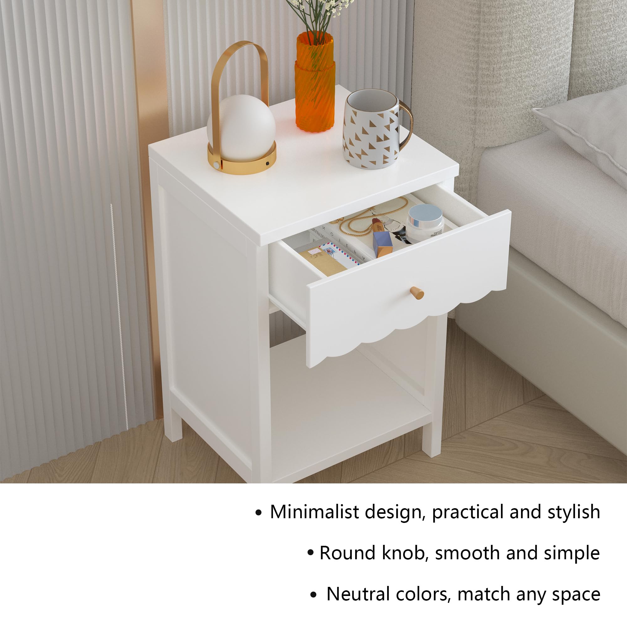 Xylavate Cute White Nightstand with Drawer and Open Shelf, Scalloped Edge Design Bedroom Bedside Table, Wood End Table for Kids Girls Bedroom, White