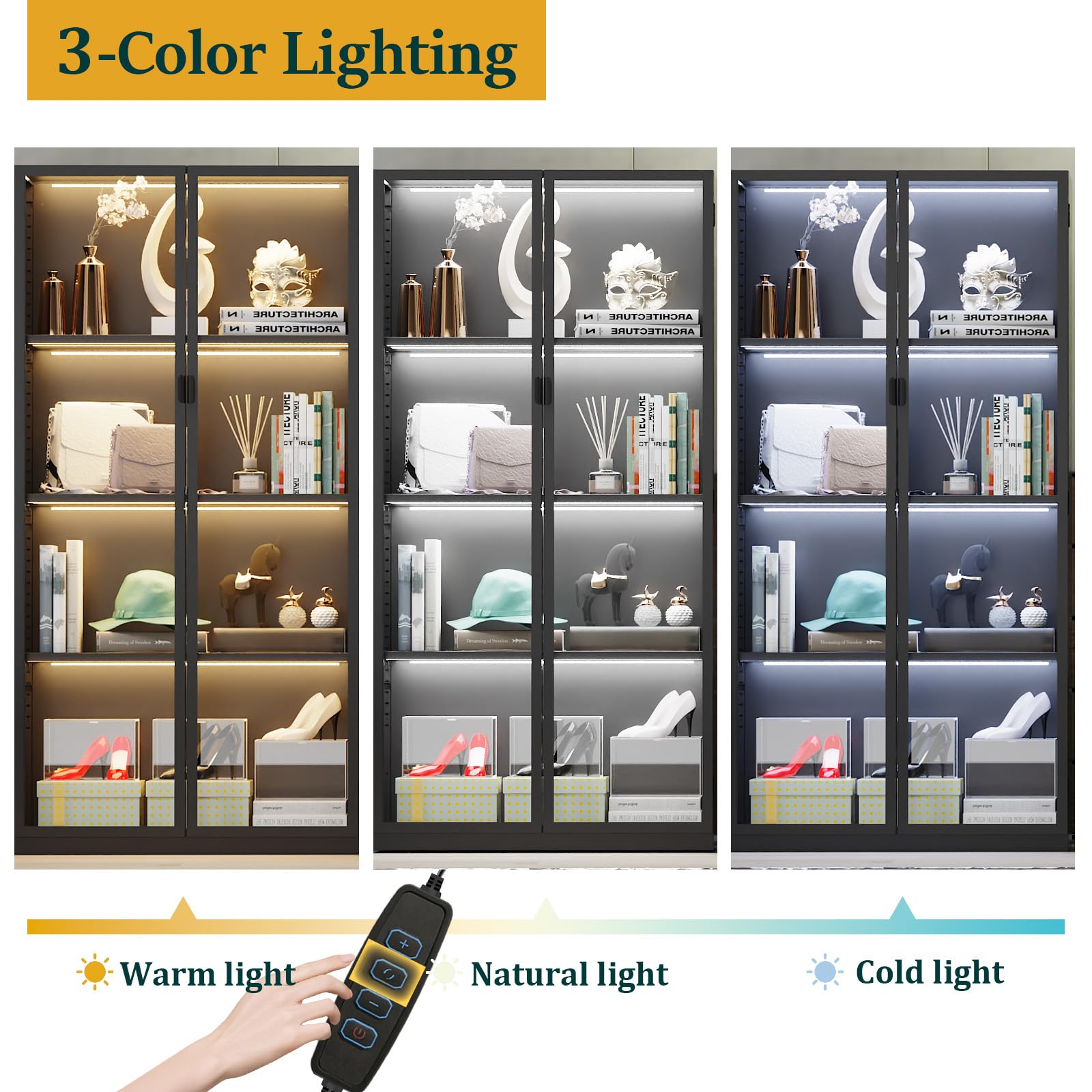 Glass Display Cabinet with LED Lights & Adjustable Shelves