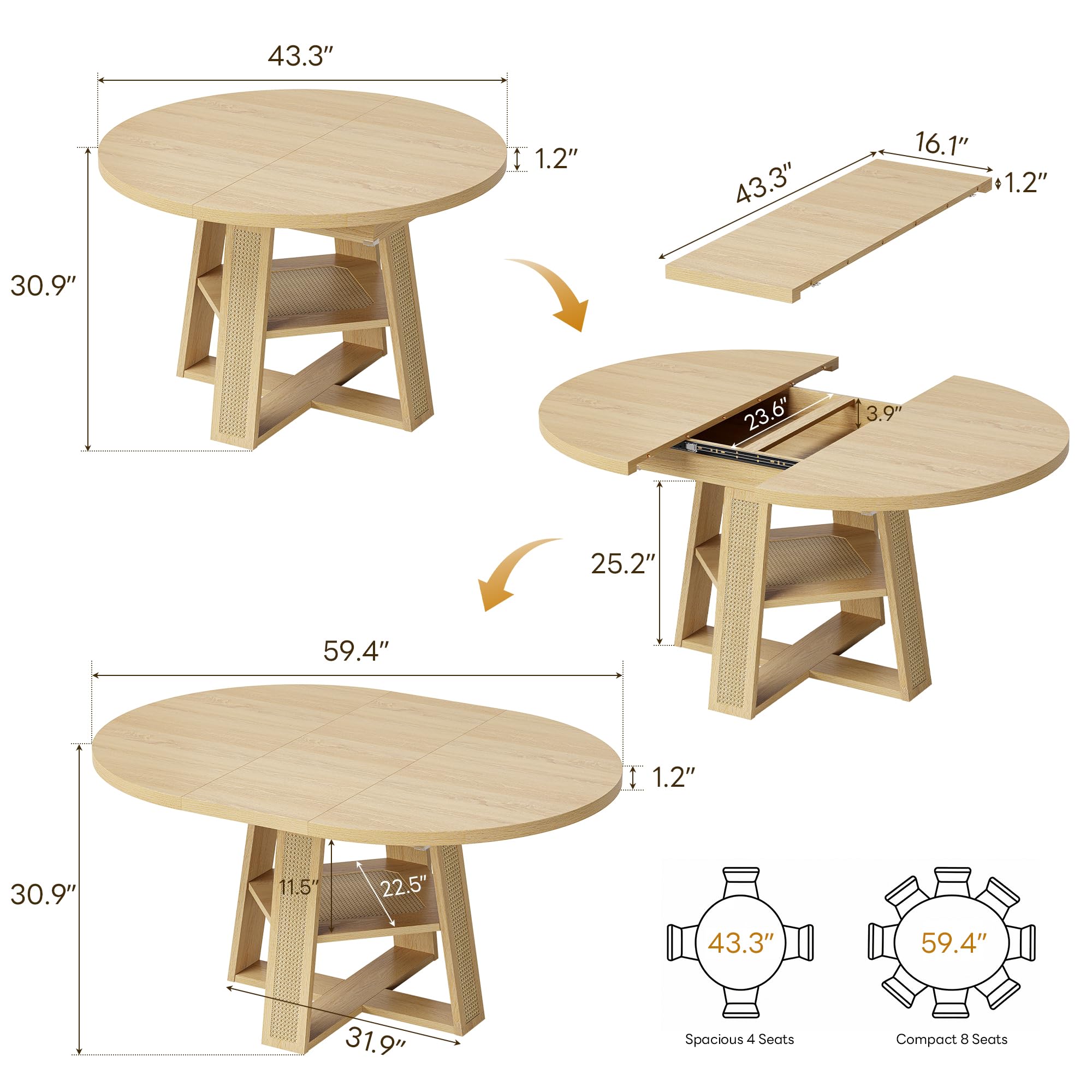 Extendable Round Dining Table with Storage Shelf