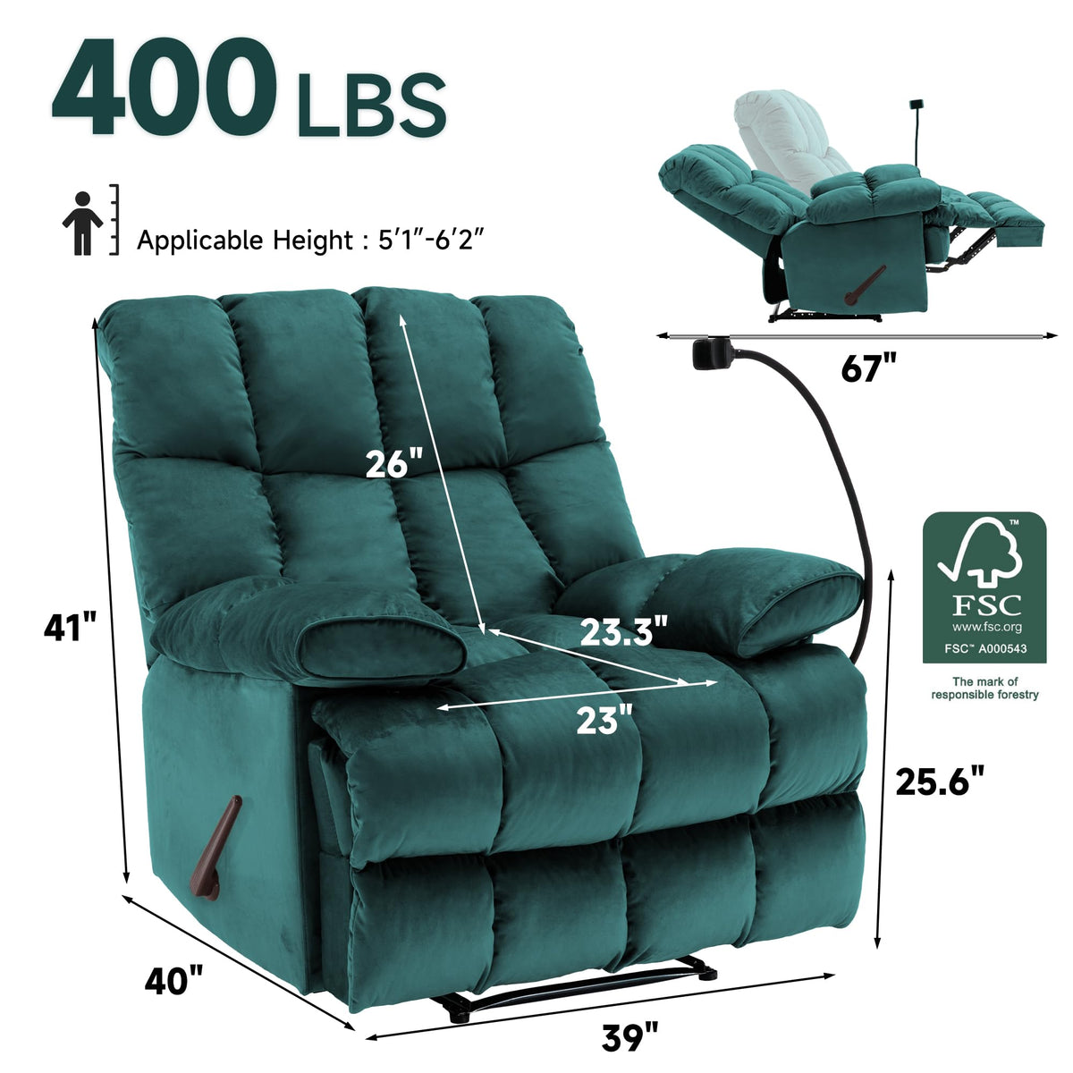 Oversized Teal Manual Recliner