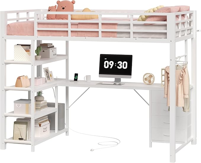 Metal Loft Bed with Desk & Storage