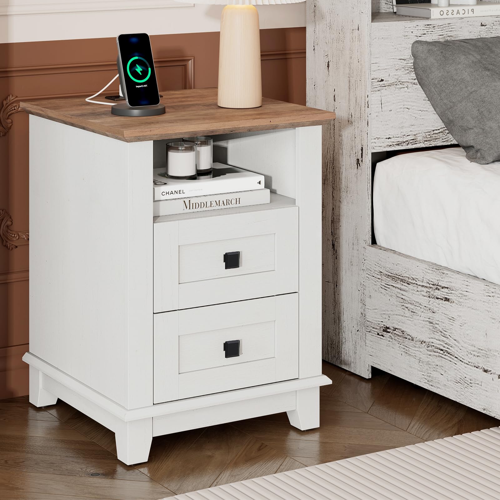 LUXOAK Farmhouse Nightstand Set of 2 with Charging Station, End Tables with 2 Storage Drawers & Open Shelf, Rustic Wood Bedside Tables for Bedroom, Living Room & Office, White/Barnwood