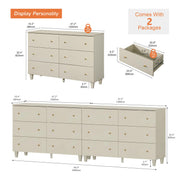 WAMPAT Set of 2 Bedroom Dressers with 12 Drawers, 2-in-1 Extra Wide Chest of Drawers, Modern Storage Organizer with Solid Wood Legs for Closet, Living Room, Hallway, Nursery, Beige Faux Linen Finish
