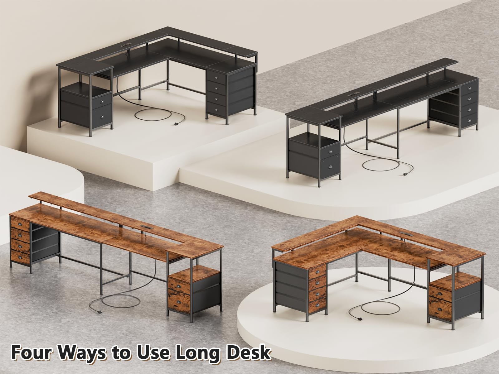 95" Two-Person Gaming & Office Desk with LED Lights, Power Outlets & Storage