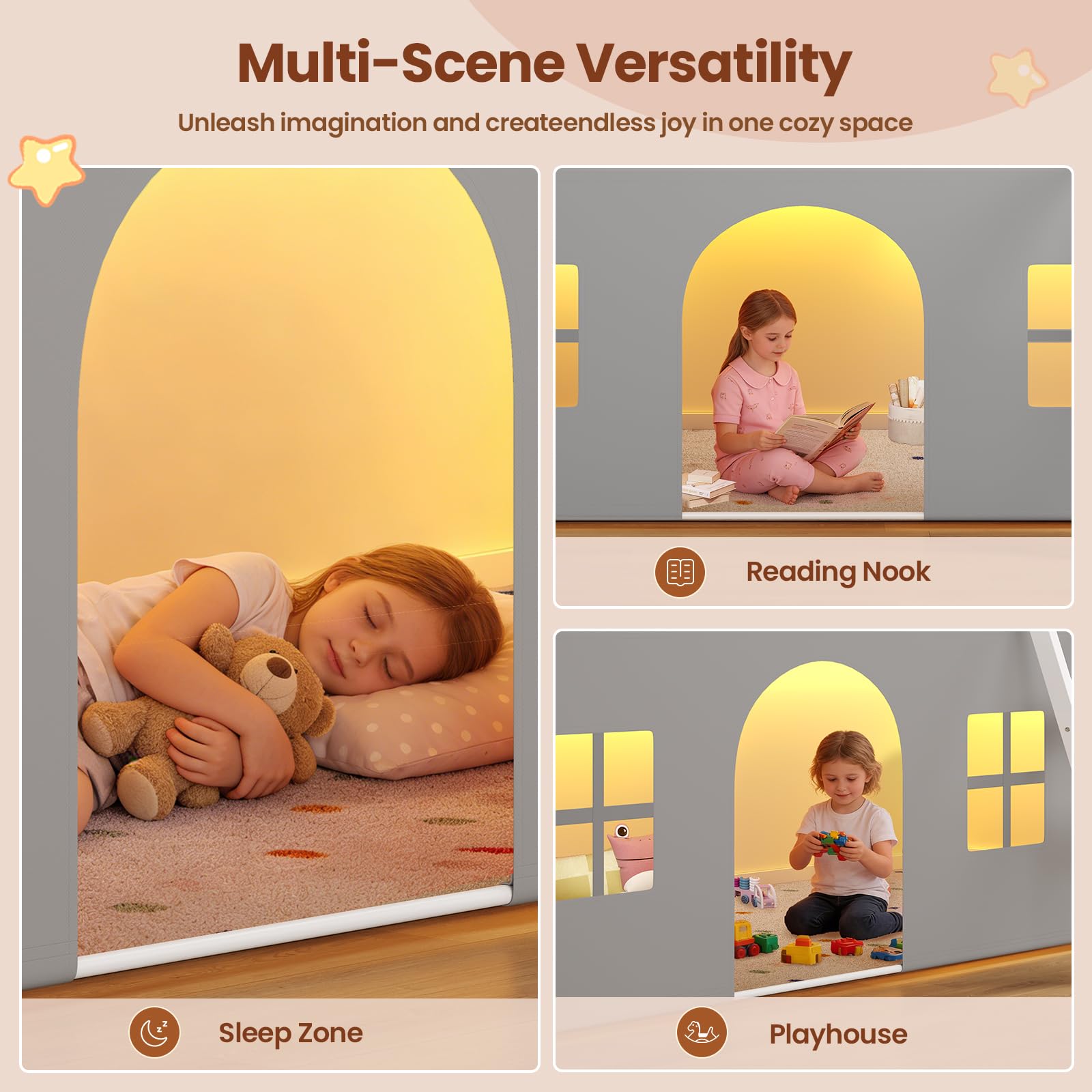 ADORNEVE Low Loft Bed Twin Size with Tent, 5 Storage Drawers, LED Lights, Metal Kids Loft Bed with Bookcase & Under-Bed Play Space,Twin Loft Beds with 13.8''H Safety Guardrail,Inclined Ladder, White