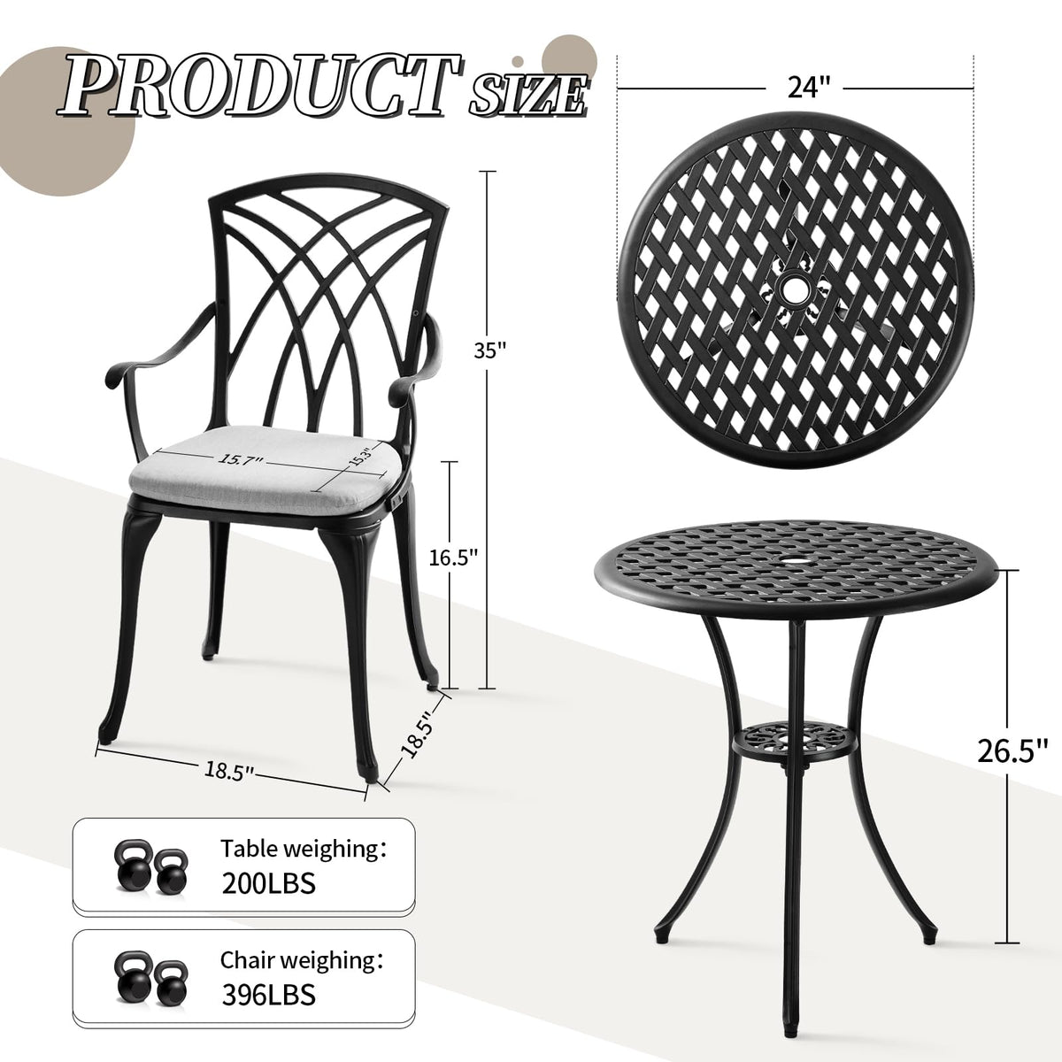 Withniture Patio Bistro Sets Cast Aluminum Bistro Table and Chairs Set of 2 with Umbrella Hole,Outdoor Bistro Set with Cushion for Yard (BLACK1)
