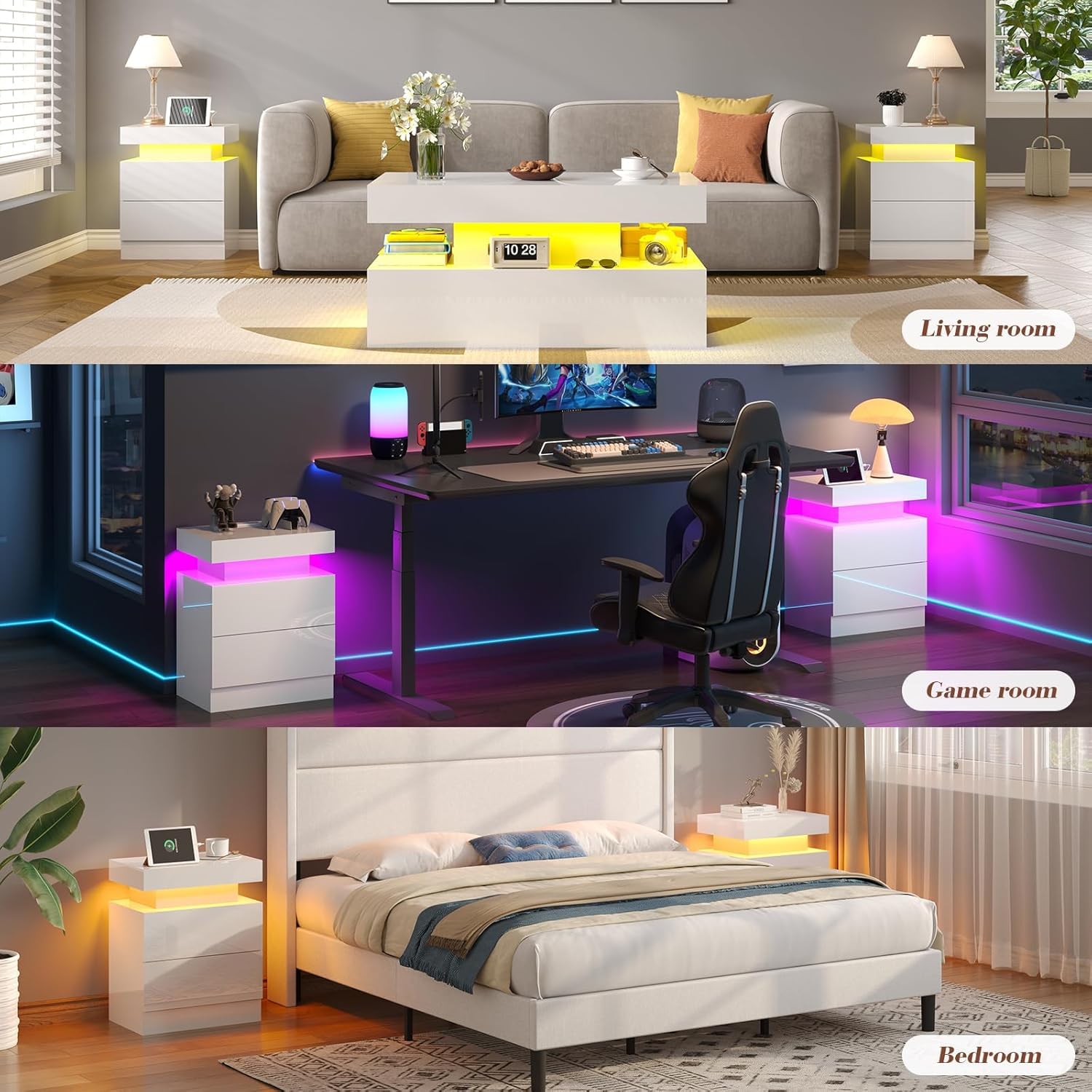 LUXOAK Nightstand Set of 2 with Charging Station and LED Light, Modern Side Table with 2 Drawers and Open Storage Shelf, End Table for Bedroom, White