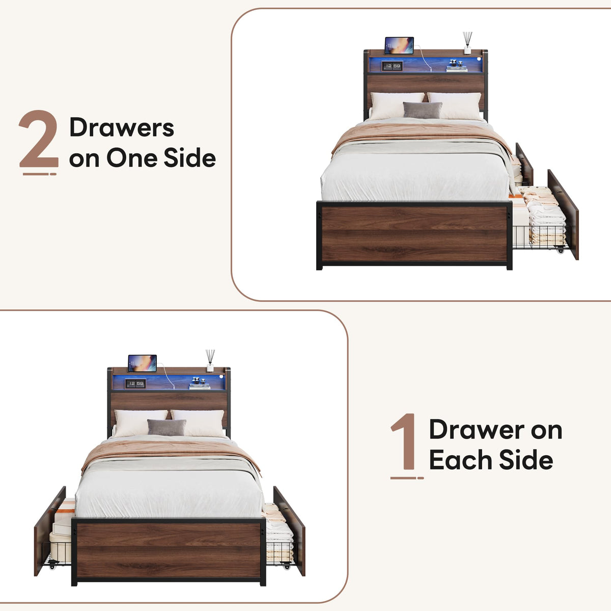 LIKIMIO Twin XL Bed Frames with 2 Large Drawers, Charging Station & RGB LED