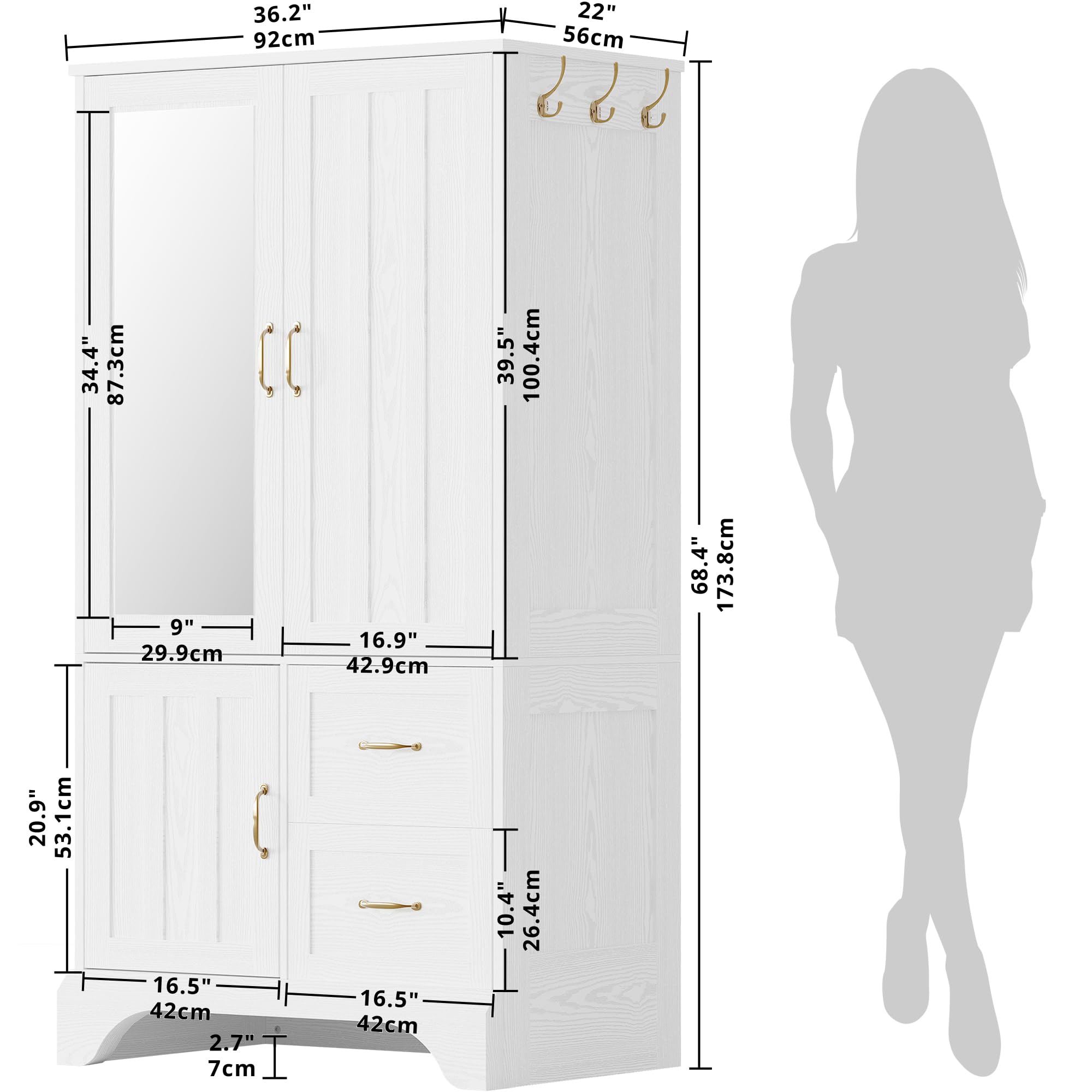 3-Door Wardrobe Armoire with Mirror & Drawers